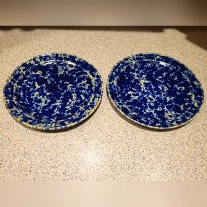 Vintage Bennington Potters 2 Blue Agate Salad Luncheon Spongeware Plates 2303jb
